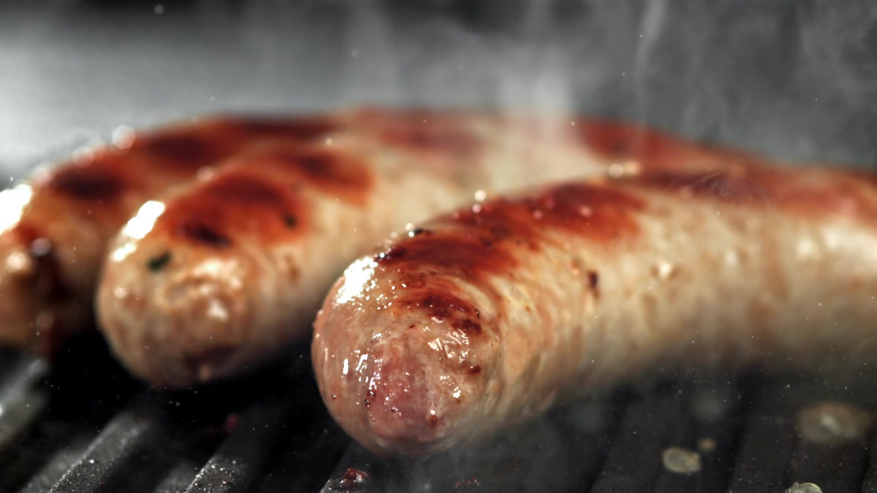 Salsicce deliziose che sfrigolano e fumano su una griglia rovente