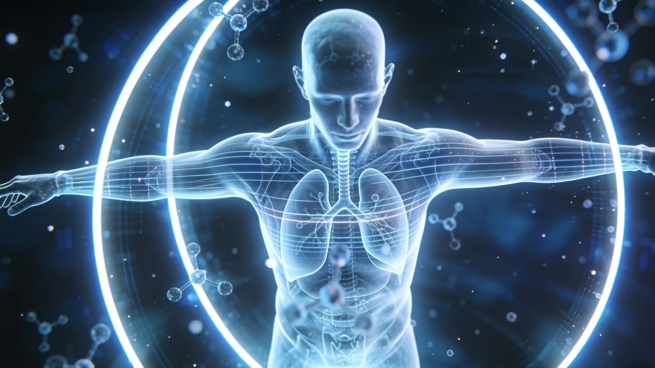 Rotating anatomical hologram, ring forming behind, slowly revealing lungs and ribs in virtual space