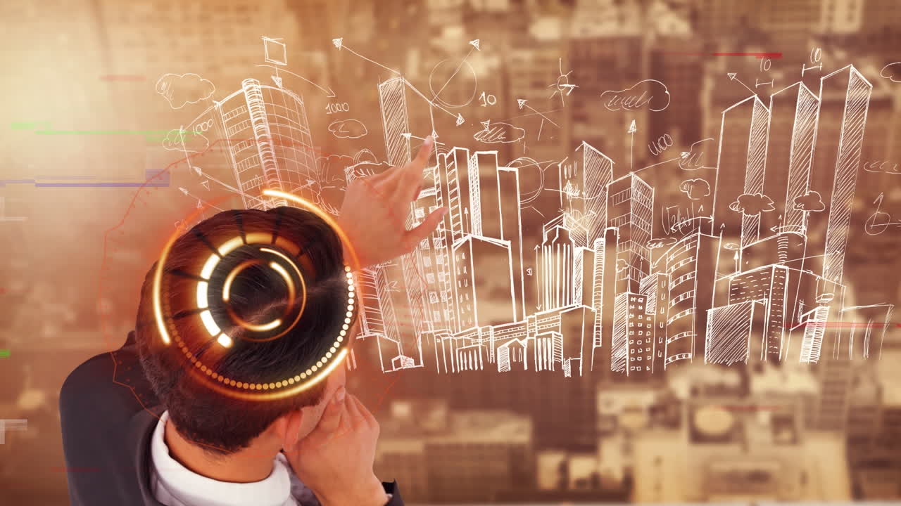 코카시안 사업가에 대한 프로세싱 서클과 도시 풍경의 애니메이션