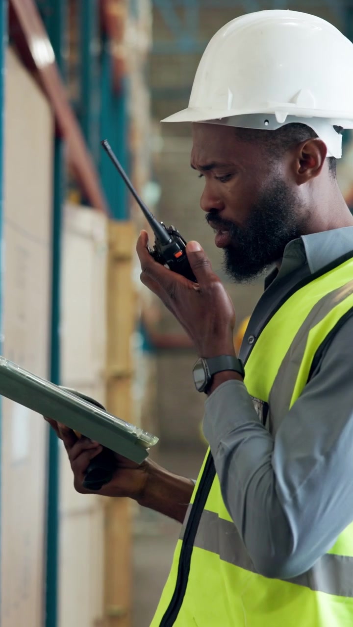Warehouse Worker Scanning Inventory and Communicating via Radio