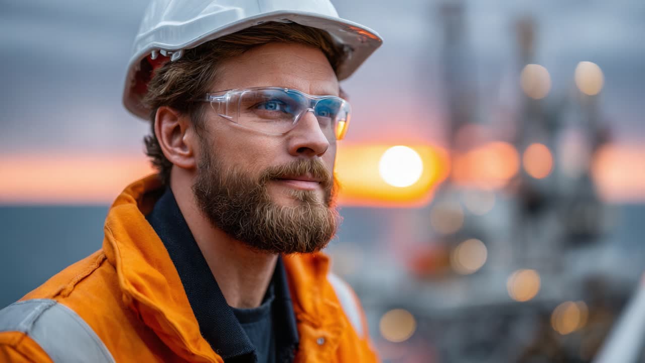 Un lavoratore determinato su una piattaforma petrolifera offshore al tramonto, con indosso dispositivi di sicurezza e lo sguardo rivolto all'orizzonte, che sottolinea l'impegno per la sicurezza e il lavoro