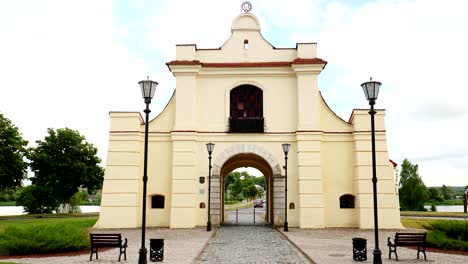 nesvizh, belarus. slutsk brama in summer day. monument of baroque architecture. used to be part of system of urban fortifications. zoom, zoom in