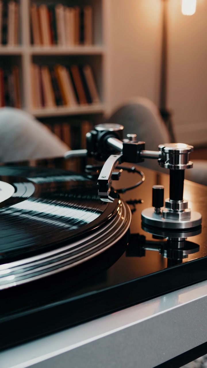 Close-up of a Vinyl Record Playing on a Turntable