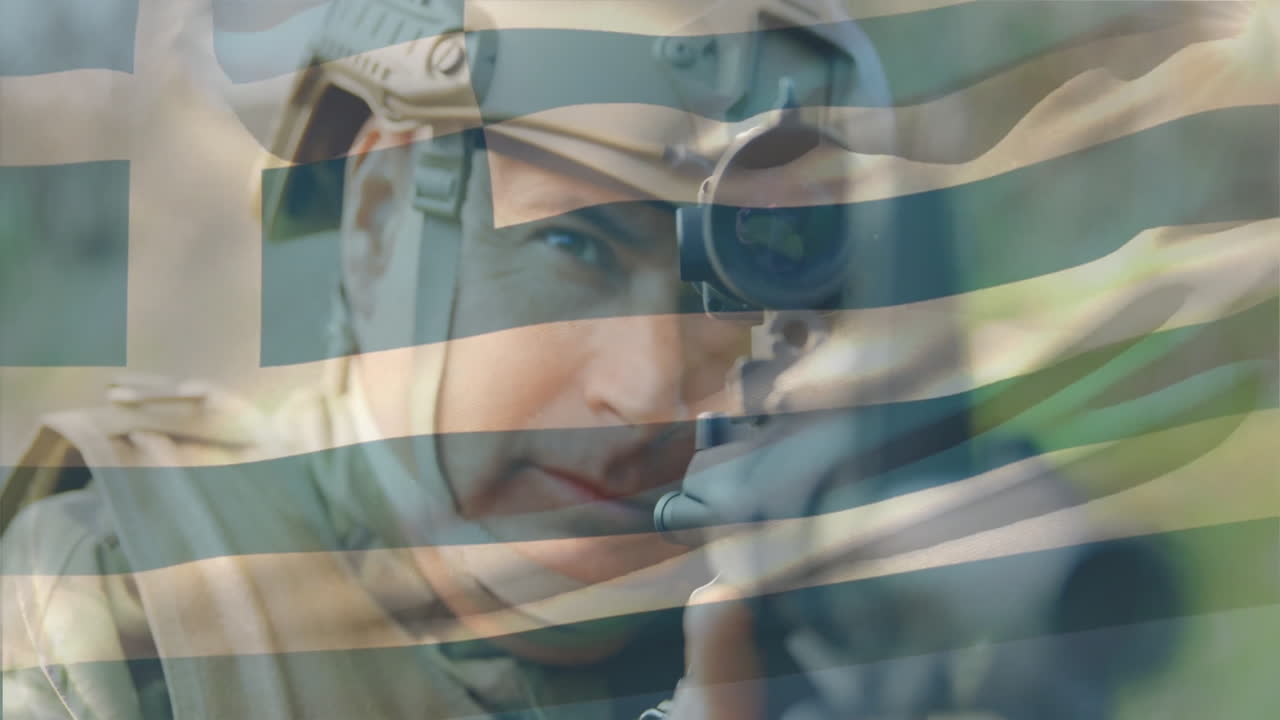 Aiming rifle, soldier with Greek flag overlay in outdoor animation scene