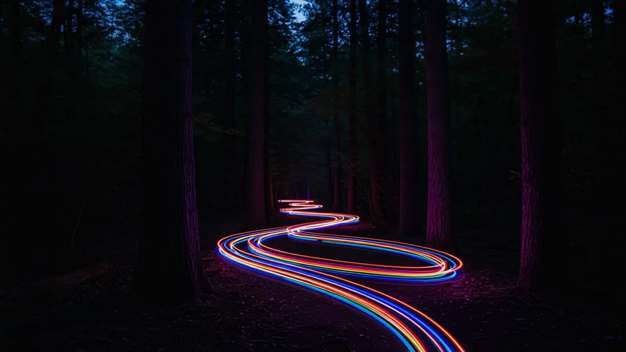 An Enchanting Night Trail of Illuminated Colors Winding Through a Forest, Capturing the Beauty of Light Trails Amidst Tall Trees in the Darkness