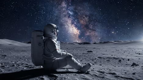 an astronaut reminisces under the cosmic canvas: a serene moment amidst the wonders of the universe captured on the lunar surface