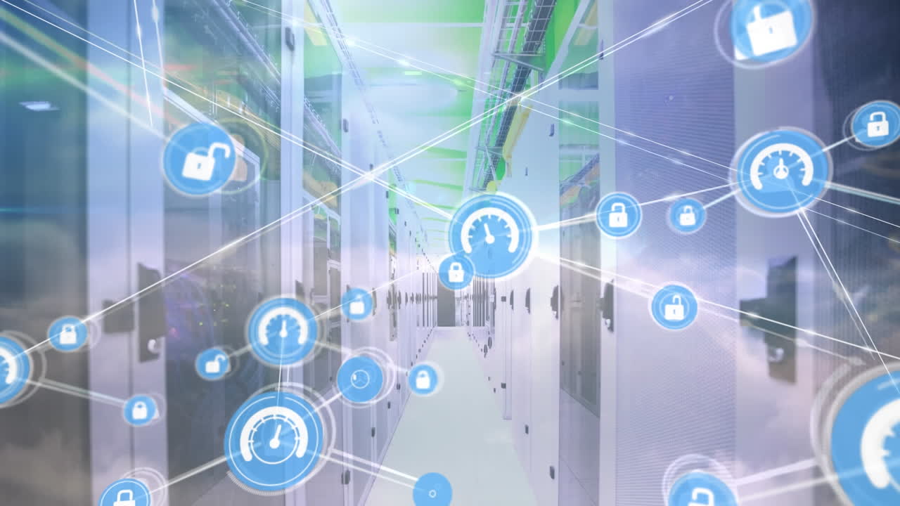 서버  ⁇  위에 아이콘과 클라우드로 연결된 네트워크의 애니메이션