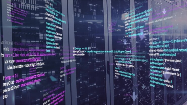 Animation of data processing with arrows over server room