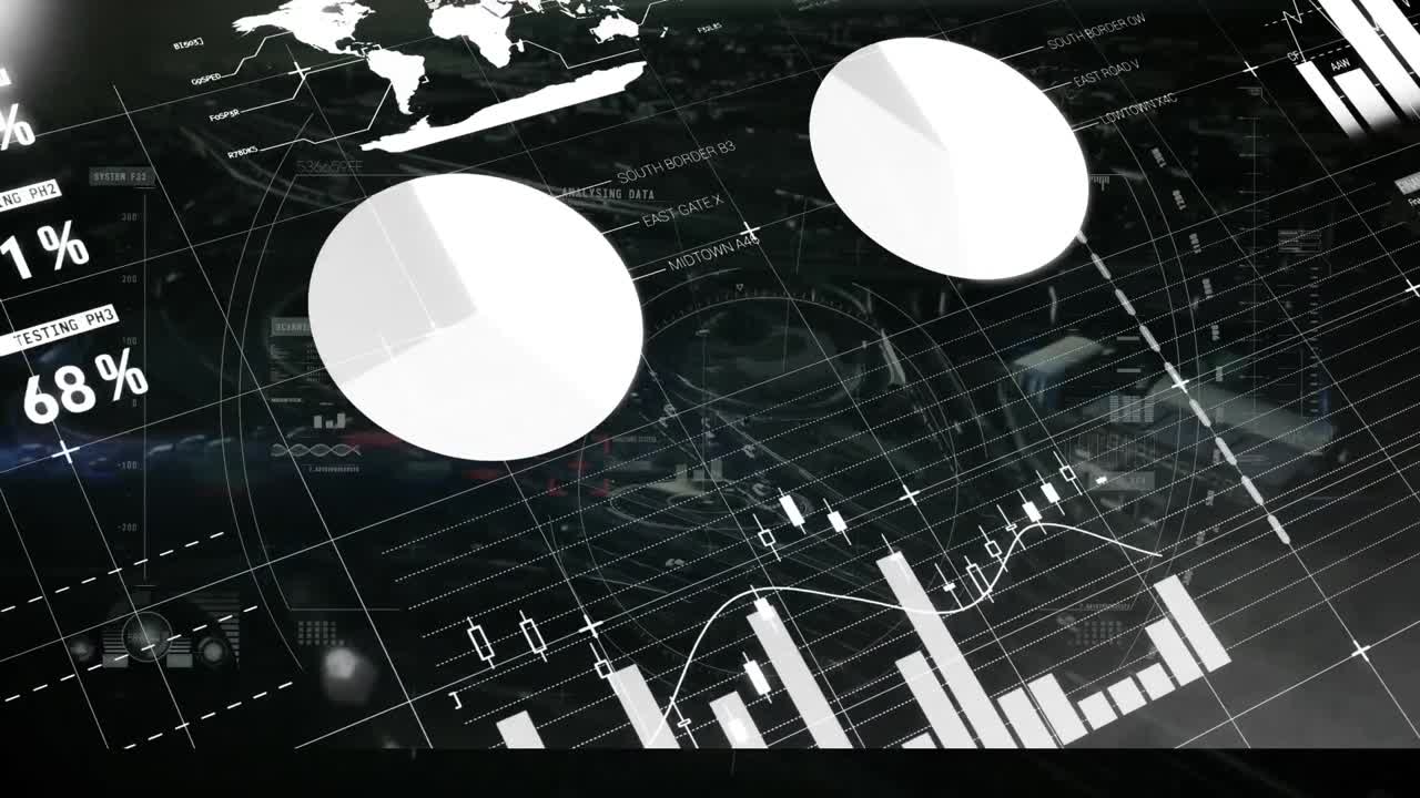 Animation of financial data processing over scope scanning and cityscape