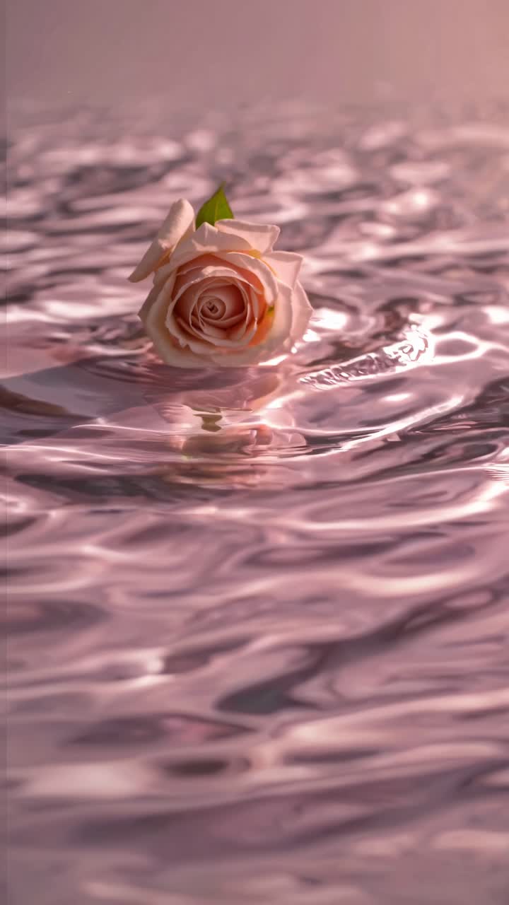 Una scena video serena con un primo piano, ripresa dal basso di una rosa delicata che galleggia su increspature rosa