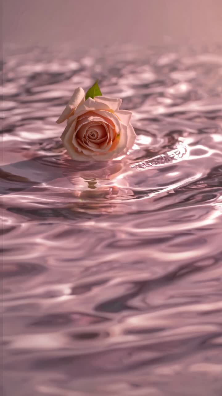 Una scena video serena con un primo piano, ripresa dal basso di una rosa delicata che galleggia su increspature rosa
