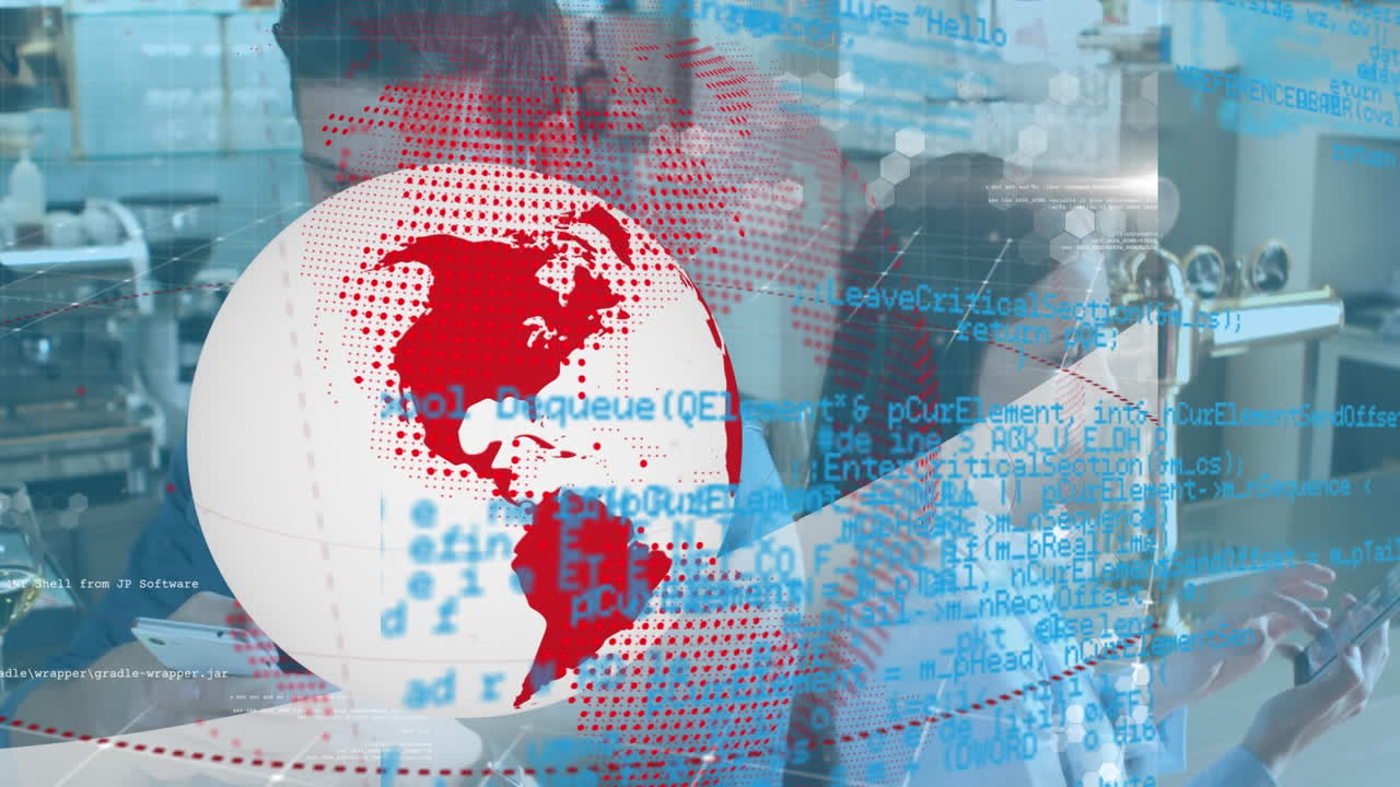 스마트 폰을 사용하는 다양한 비즈니스 사람들에 대한 지구의 애니메이션과 데이터 처리