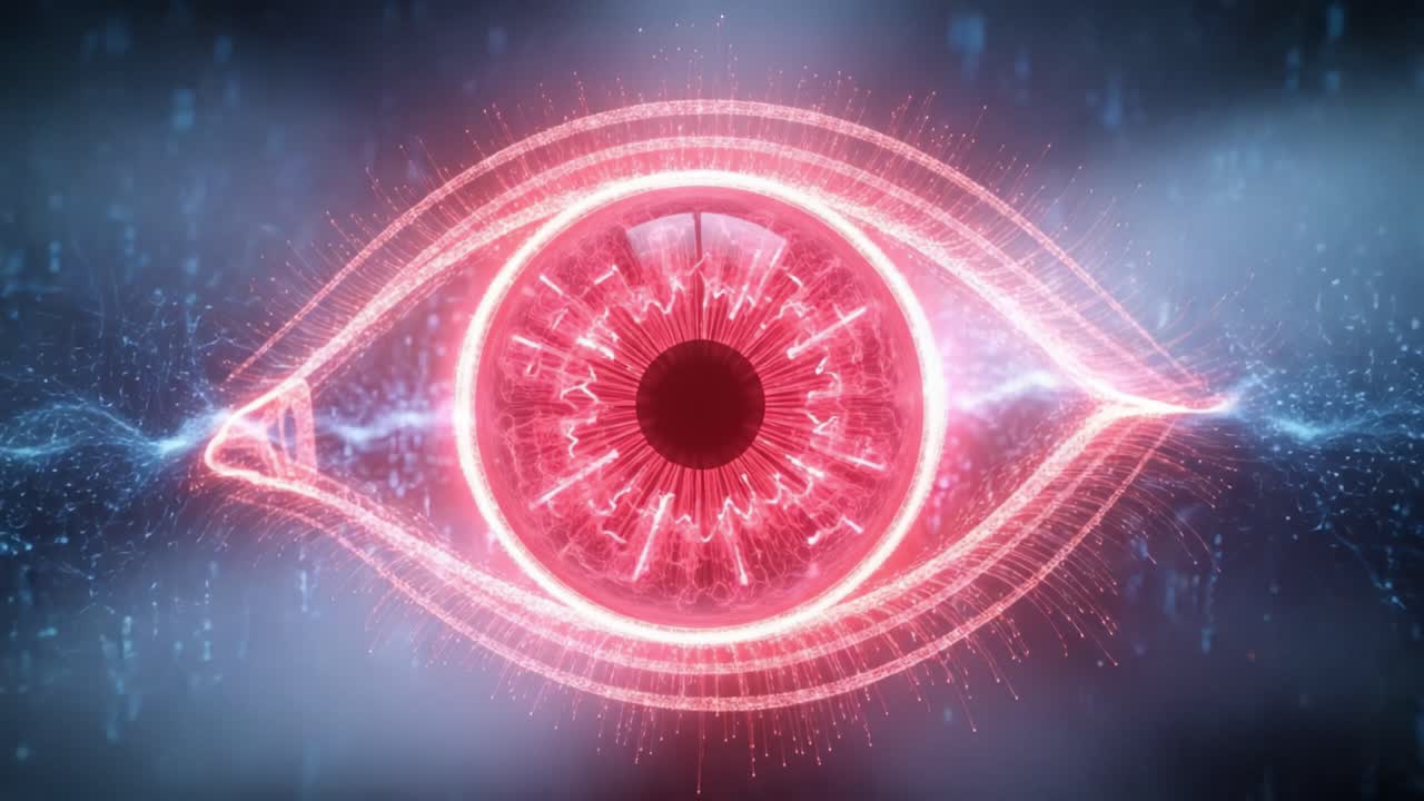 An Intriguing Design of a Futuristic Eye Symbolizing Vision and Technology with Pulsating Energy and Data Elements Surrounding It, Representing Insight and Digital Progress