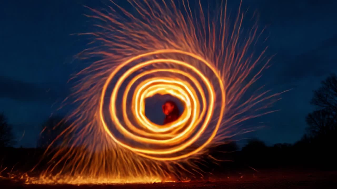 A mesmerizing display of fiery spirals creates an enchanting visual spectacle, showcasing the beauty and artistry of fire manipulation in motion against a twilight sky