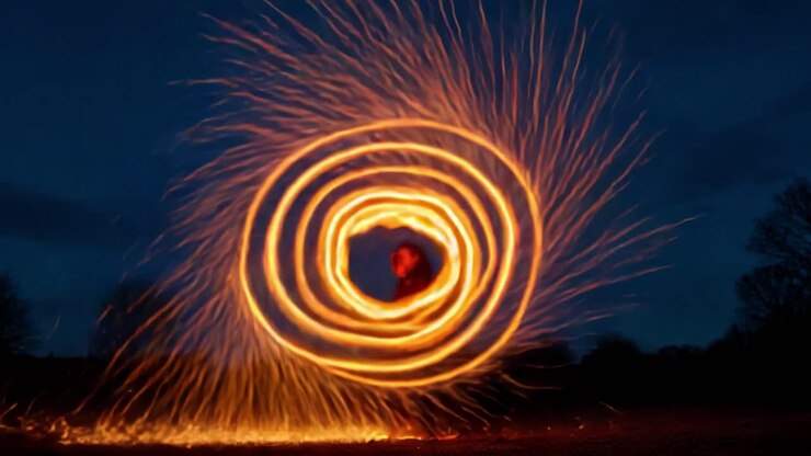 En fascinerende fremvisning af flammende spiraler skaber et fortryllende visuelt skue, der viser skønheden og kunsten i flammemanipulation i bevægelse mod en tusmørke himmel.