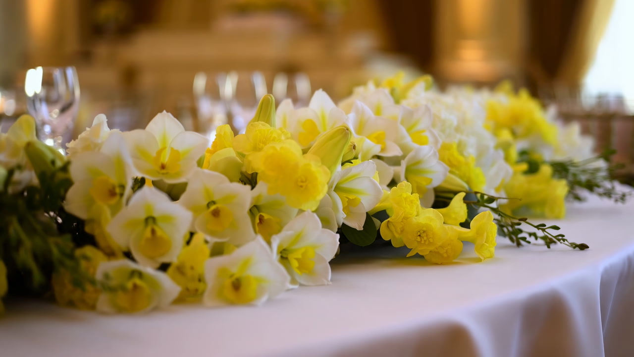 Yellow Daffodils On Banquet Table, Elegant Spring Wedding Reception With White Linen, Crystal Glassware