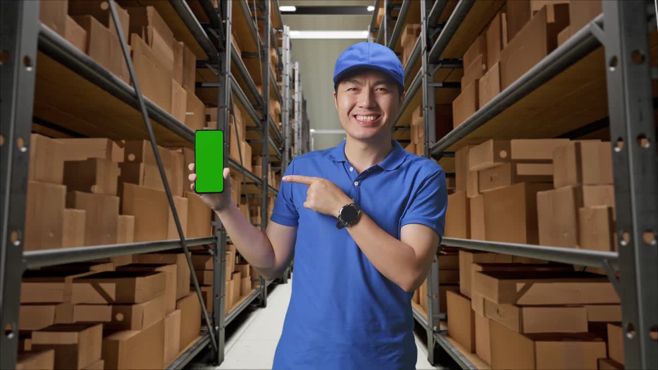 mensajero masculino asiático en uniforme azul sonriendo y señalando al teléfono inteligente de pantalla verde mientras está de pie en el almacén