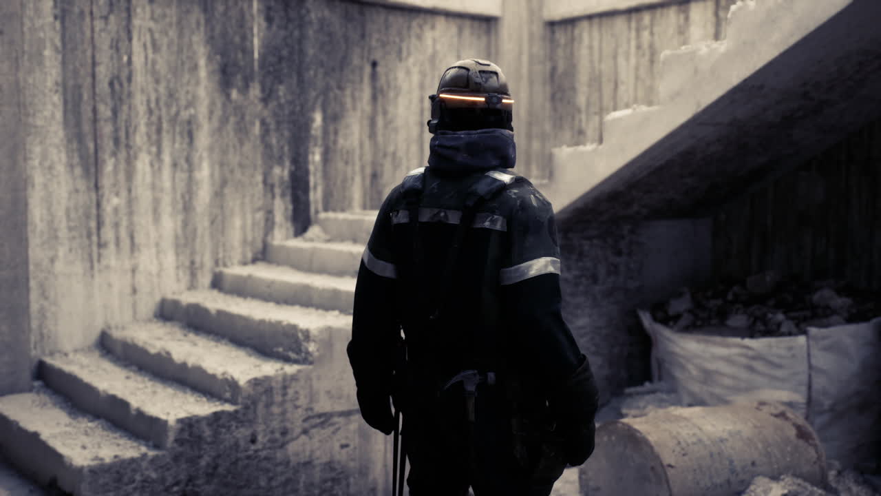 Worker surveying abandoned construction site with debris and stairs