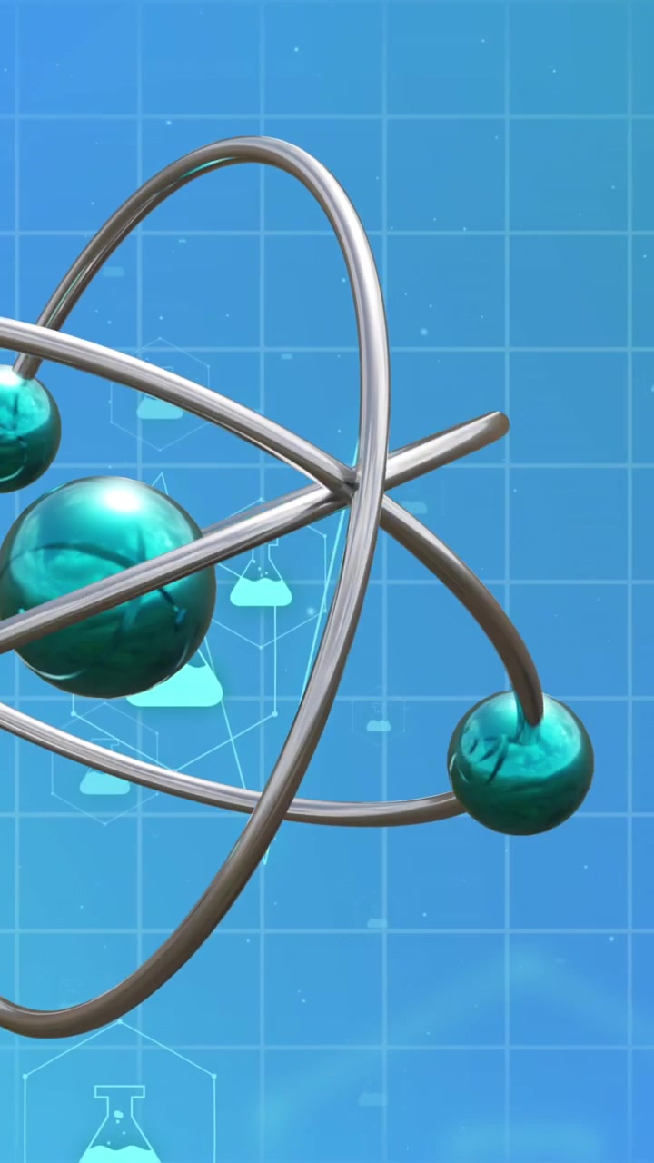 Animation of chemistry icons and atoms on blue background