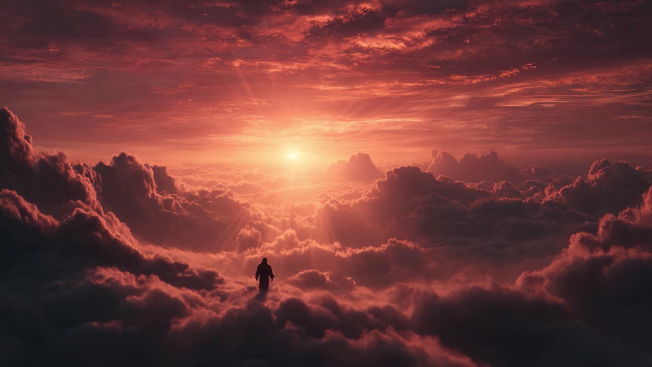 Una Figura Solitaria Si Erge Tra Nuvole Maestose mentre il Sole Tramonta in Tonalità Ardenti, Creando un Contrasto Mozzafiato Contro il Cielo Vasto.