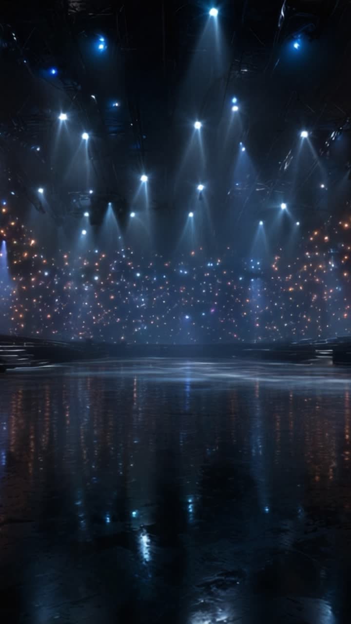 Dramatic Stage Lighting with Reflections in an Empty Venue: A Captivating Display of Lights and Shadows Perfect for Performances and Artistic Expression