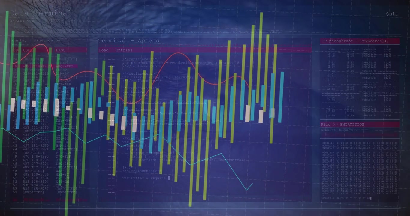 Male eye watching trading UI, bars emerging morphing into candles obscuring eye showing trends