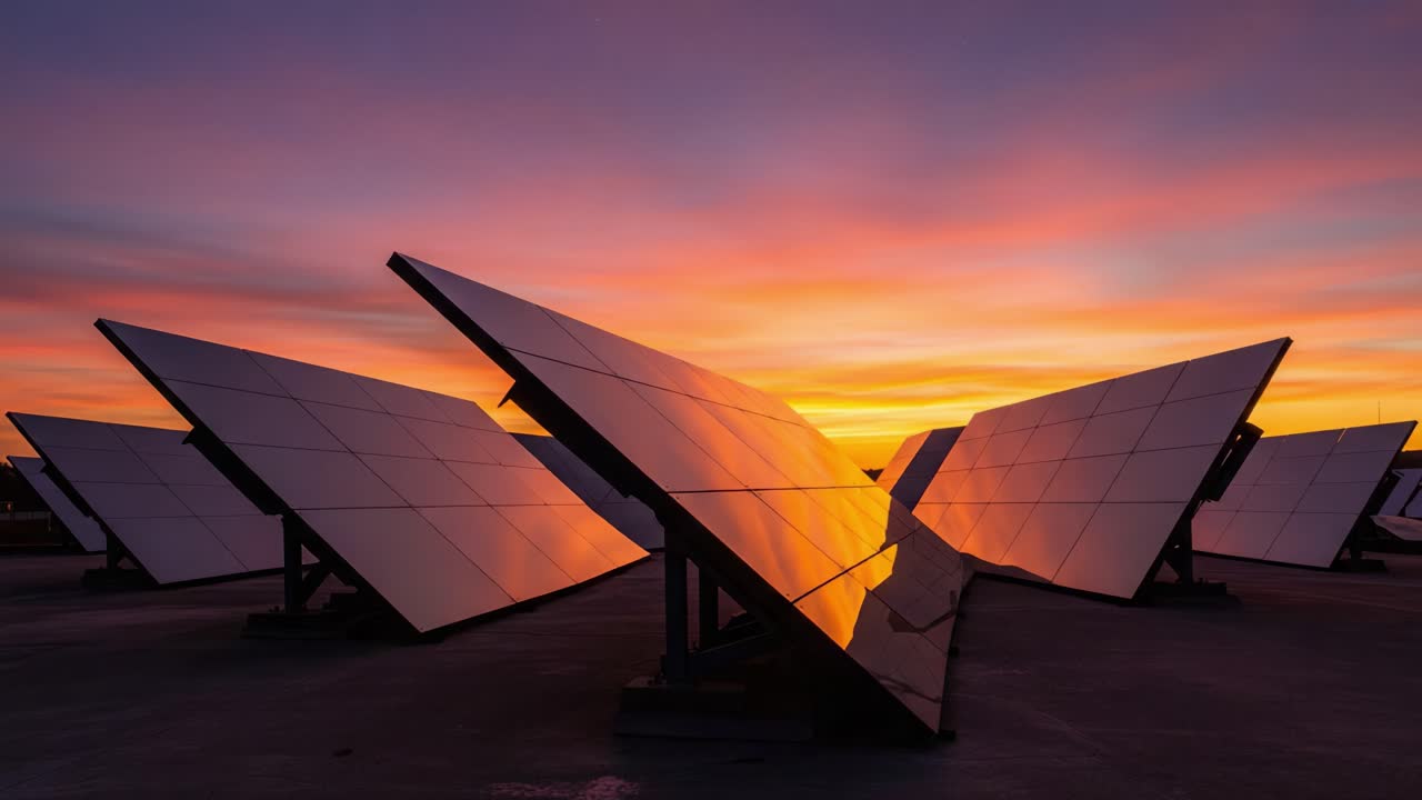 Stunning Solar Panels Glimmering Under a Vibrant Sunset Sky, Showcasing Clean Energy Technology and Renewable Energy Solutions for a Sustainable Future