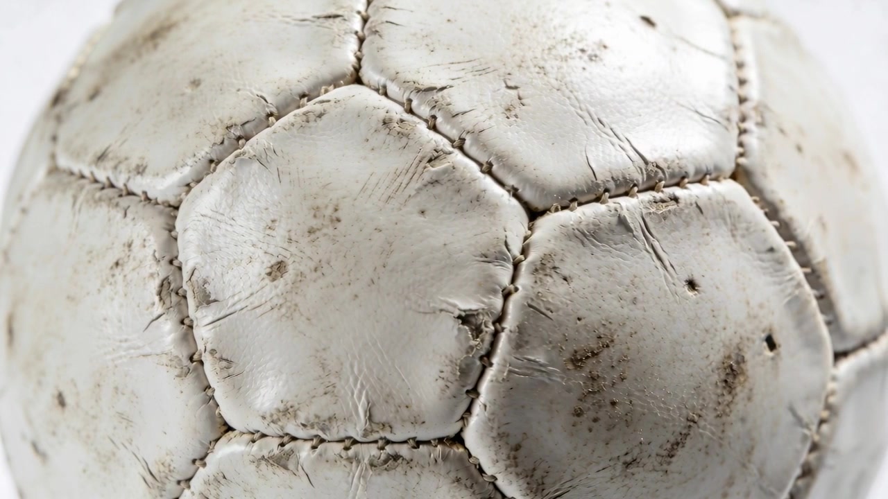 Pallone da calcio bianco usurato che ruota in senso orario dalla terza inquadratura in studio, rivelando l'usura.