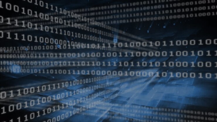 Animation of binary coding data processing over blue screens