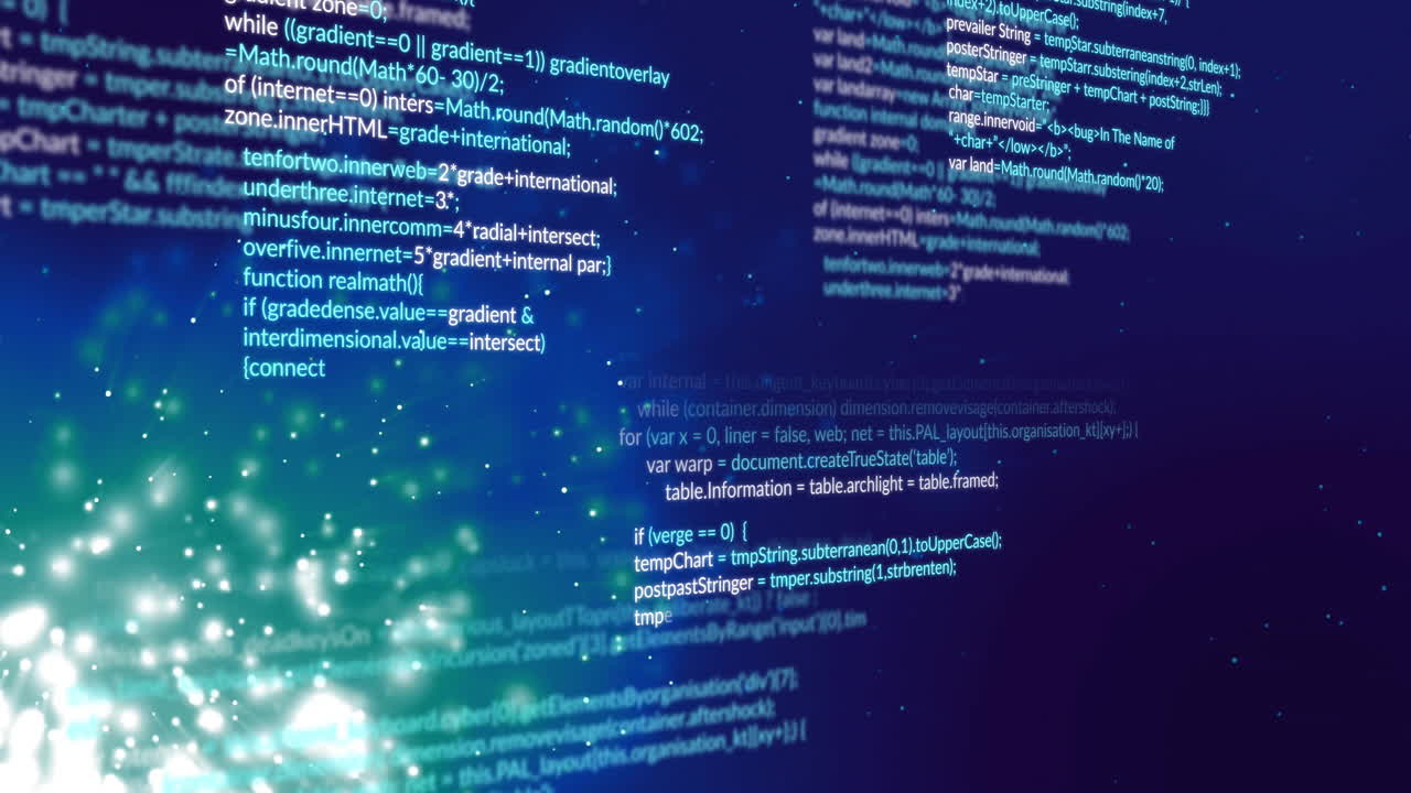 Animation of data processing and light spots on blue background