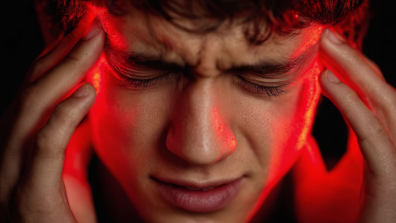 Un giovane uomo prova un intenso disagio e una forte tensione, si stringe la testa mentre lotta contro un dolore lancinante, raffigurato in un drammatico primo piano con effetti di luce sorprendenti