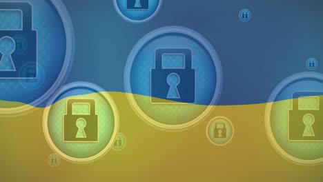 Animation-of-digital-padlocks-in-circles-floating-over-flag-of-ukraine