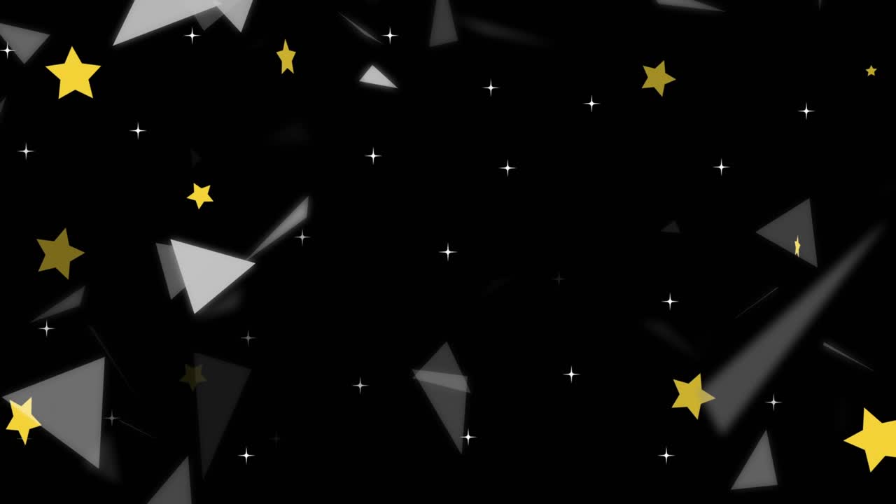 Abstract stars starting with white glints, gold stars and grey shards drifting, rotating for UI