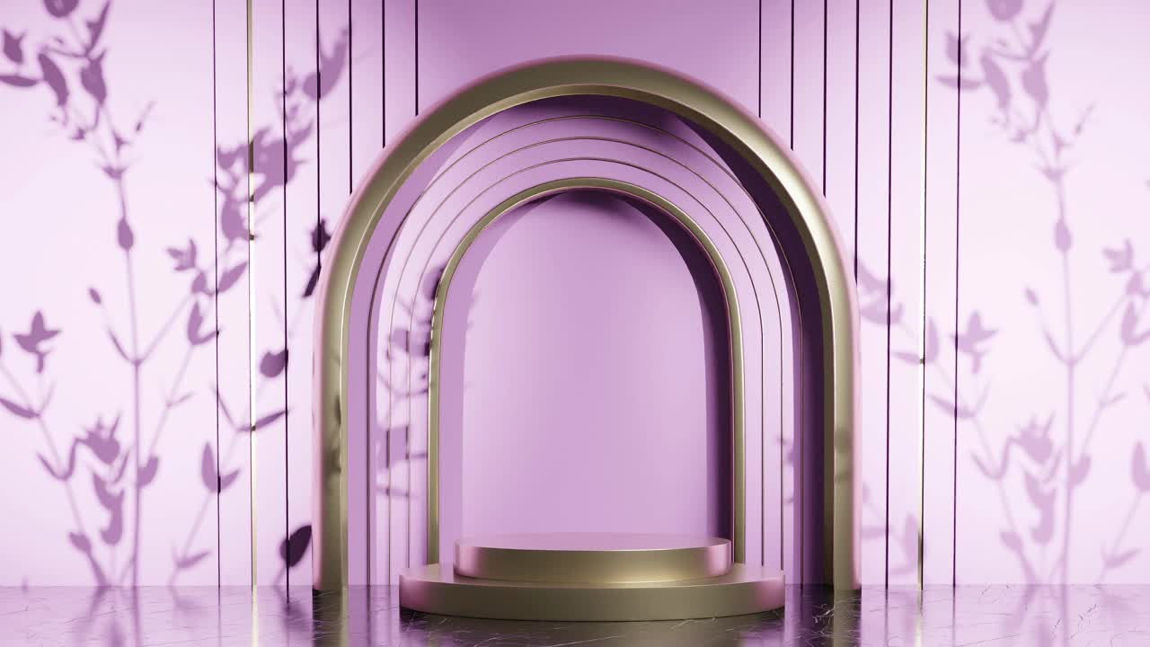 3d 렌더링 애니메이션으로 나무 잎 그림자를 가진 제품 디스플레이 스탠드 디자인, 전자 상거래 웹 사이트 판매 할인 분홍색 보라색 여성 보석