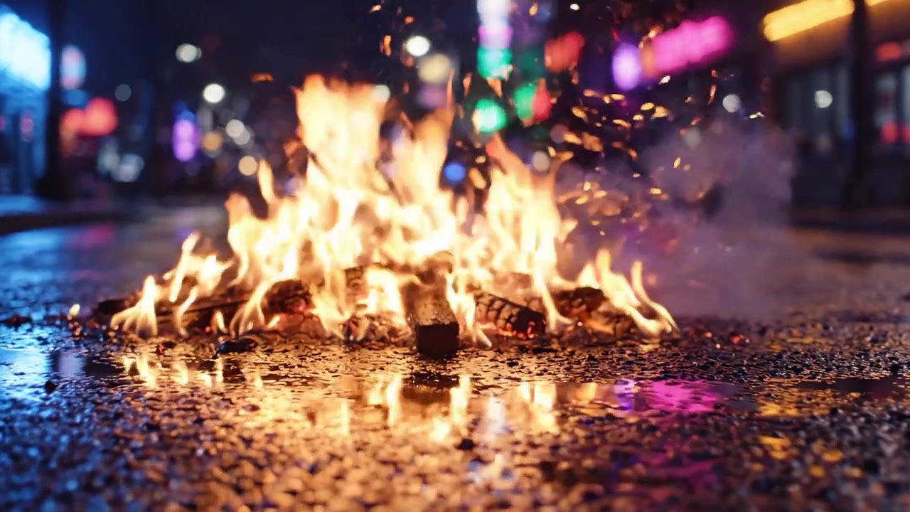A Fierce Blaze Illuminates the Night: Captivating Flames Dance Over the Rain-soaked Street, Creating an Intense Urban Scene of Elemental Struggle