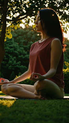 woman meditating in a park at sunset