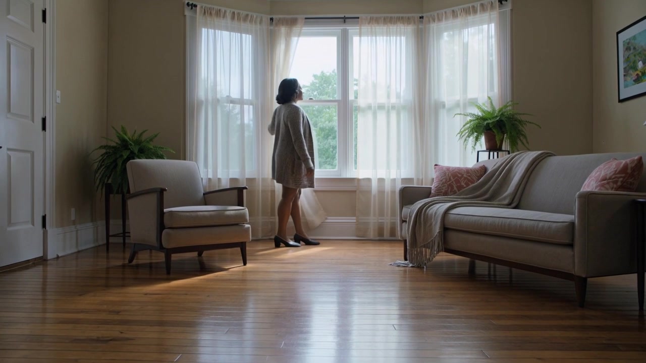 Entering woman in sweater and flats, walking to bay window, touching sheer curtain and gazing out