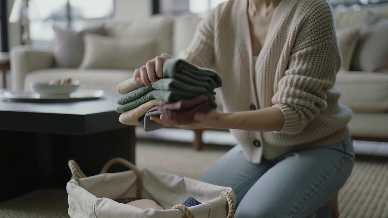 Reaching into basket, woman on rug folding sock, stacking linens to store in living room