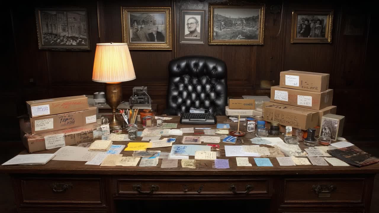 An Engaging Workspace Filled with Historical Letters, Books, and Documents on a Vintage Desk, Illuminated by a Soft Lamp, Capturing the Essence of a Creative Mind at Work