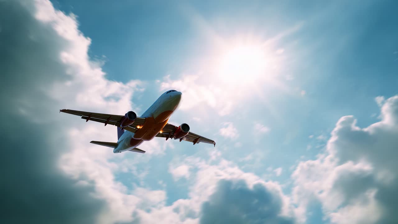 Un aeromobile sfreccia in un cielo limpido, circondato da nuvole soffici e illuminato dalla luce intensa del sole, catturando l'essenza del trasporto aereo in movimento