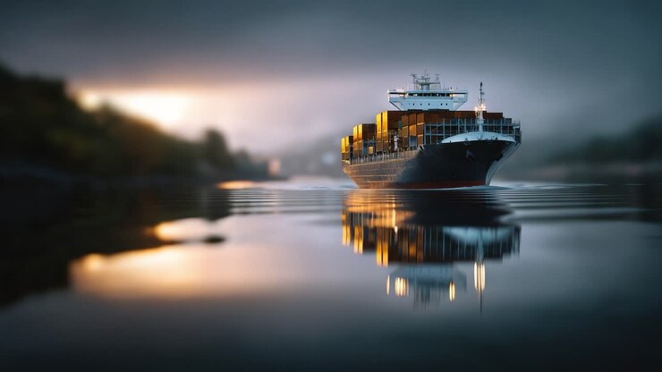 Cargo ship navigating through tranquil waters at sunrise, showcasing its reflection and vibrant cargo containers under a moody, atmospheric sky