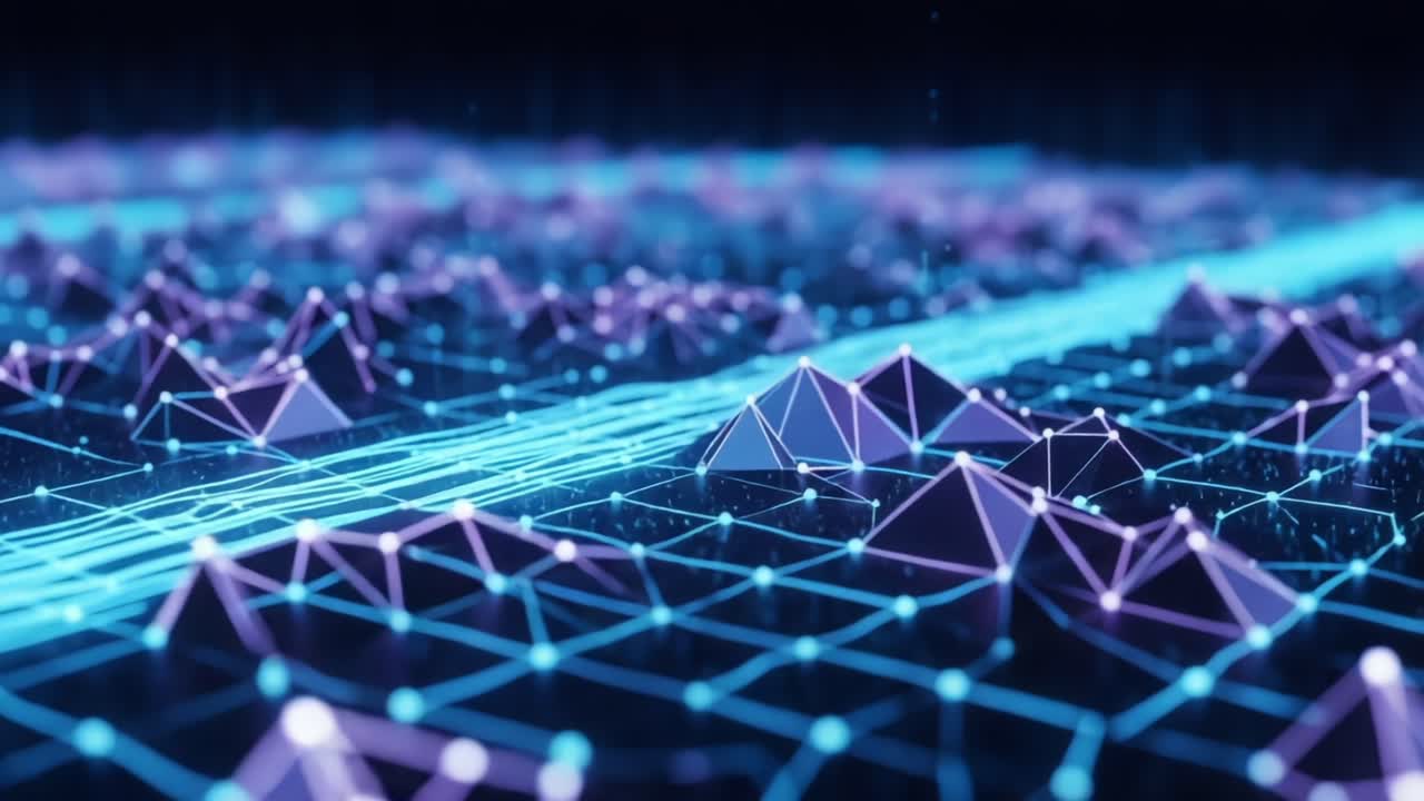 A stunning visualization of a digital landscape featuring vibrant blue and purple geometric patterns, representing data flow and connectivity in a futuristic environment