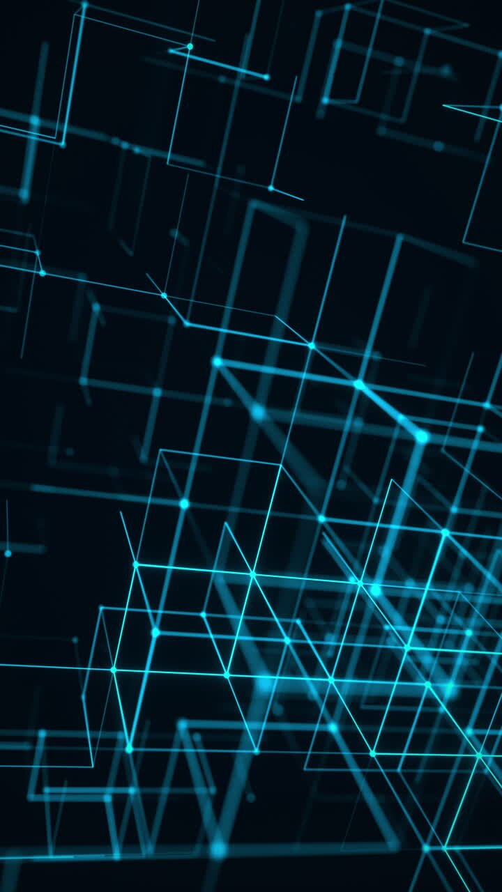 Cubi digitali verticali blu neon che formano uno spazio tecnologico futuristico. Rendering 3D in loop