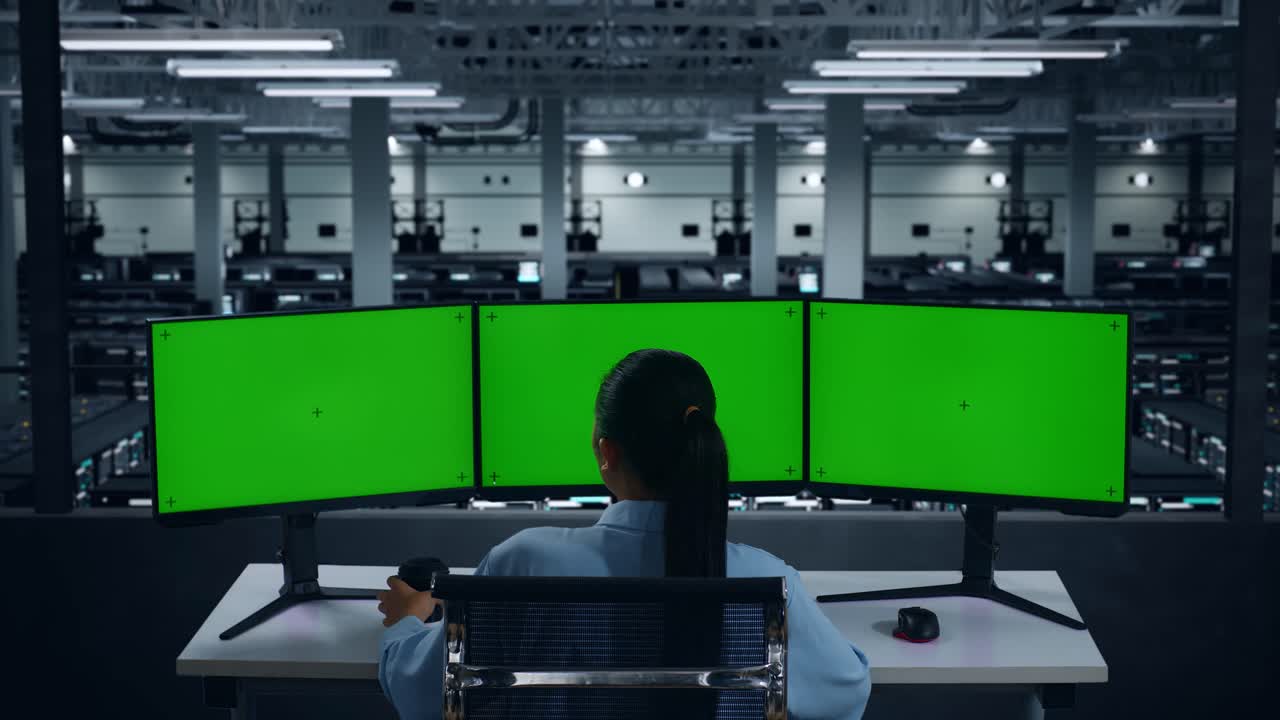 아시아 여성이 커피를 마시고 데이터 센터에서 모의 여러 컴퓨터 모니터와 함께 작업하는 뒷면