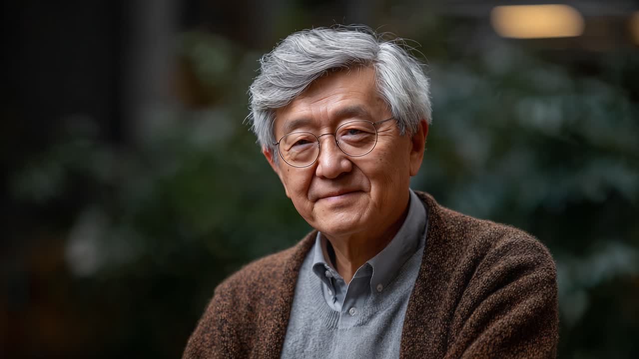 A Thoughtful Portrait of a Distinguished Elderly Man with Silver Hair and Glasses, Exuding Wisdom and Experience Within a Nature-Inspired Background