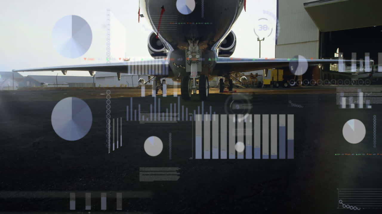공항 활주로에서 제트 비행기 위에서 데이터를 처리하는 차트 애니메이션