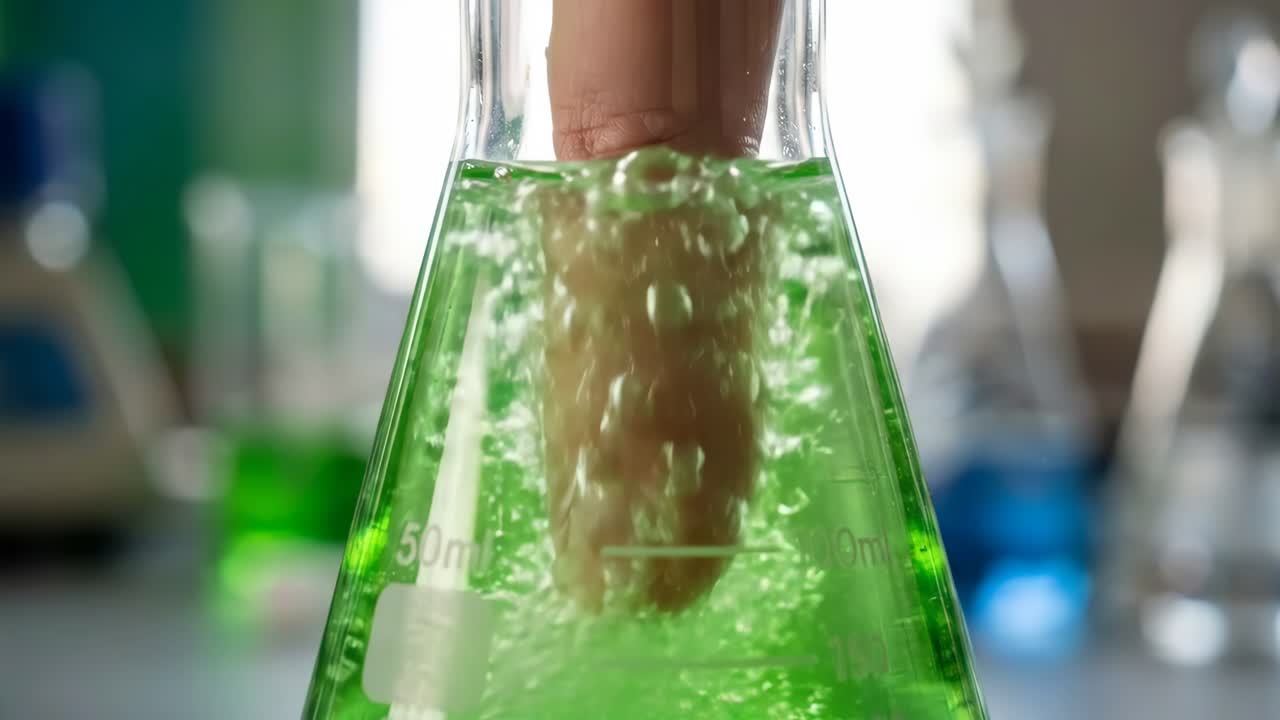 Finger Dipping into Green Liquid in a Conical Flask in a Lab