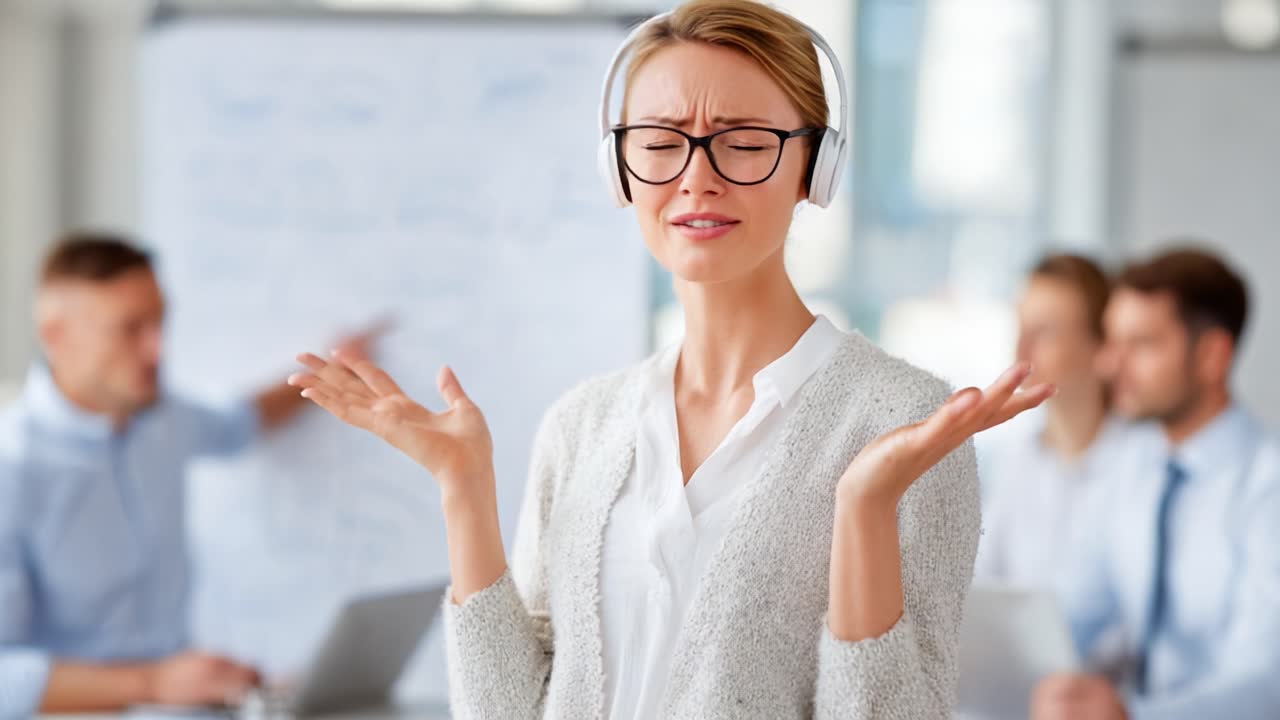 A Woman Expresses Frustration and Confusion While Wearing Headphones in a Busy Workplace Environment, Highlighting the Challenges of Concentration Amid Distractions