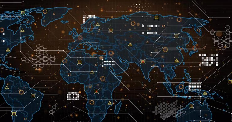 Glowing map outline starting, continents fading, grid drawing, symbols dotting, visualizing network