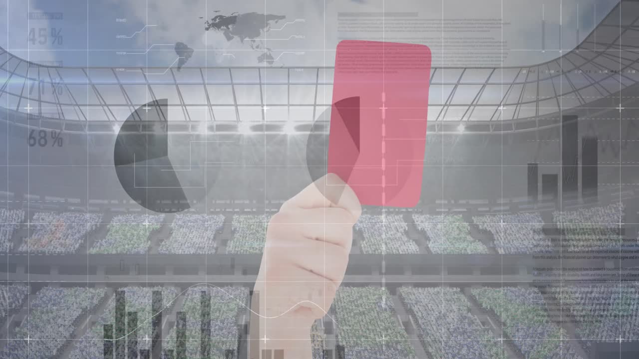 스포츠 경기장 배경에서 빨간 카드를 들고 있는 손에 대한 통계 데이터 처리